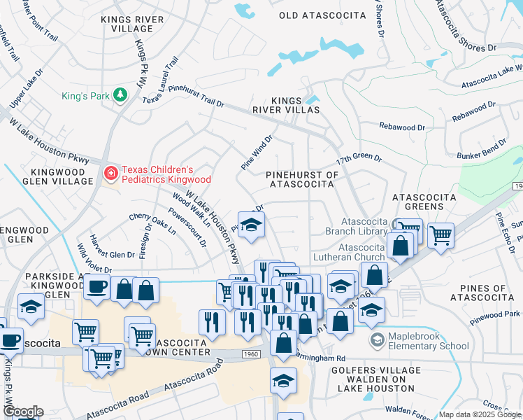 map of restaurants, bars, coffee shops, grocery stores, and more near 19780 Atascocita Shores Drive in Humble