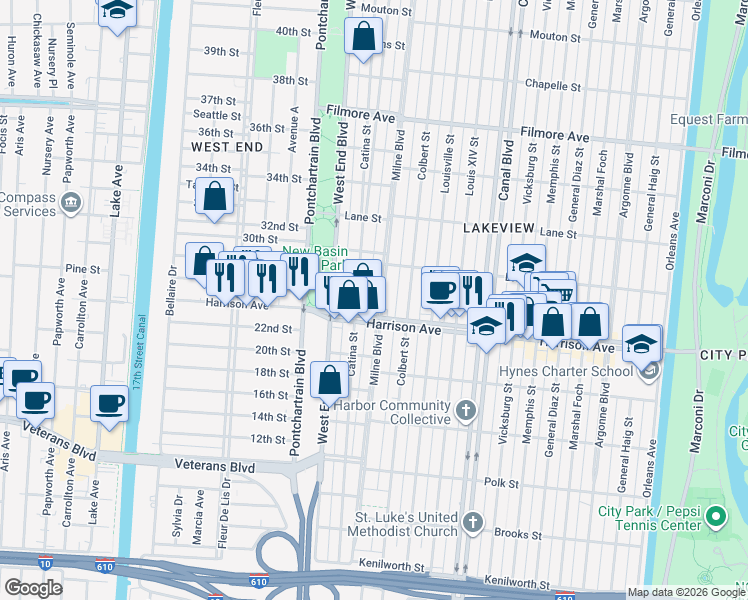 map of restaurants, bars, coffee shops, grocery stores, and more near 6330 Milne Boulevard in New Orleans