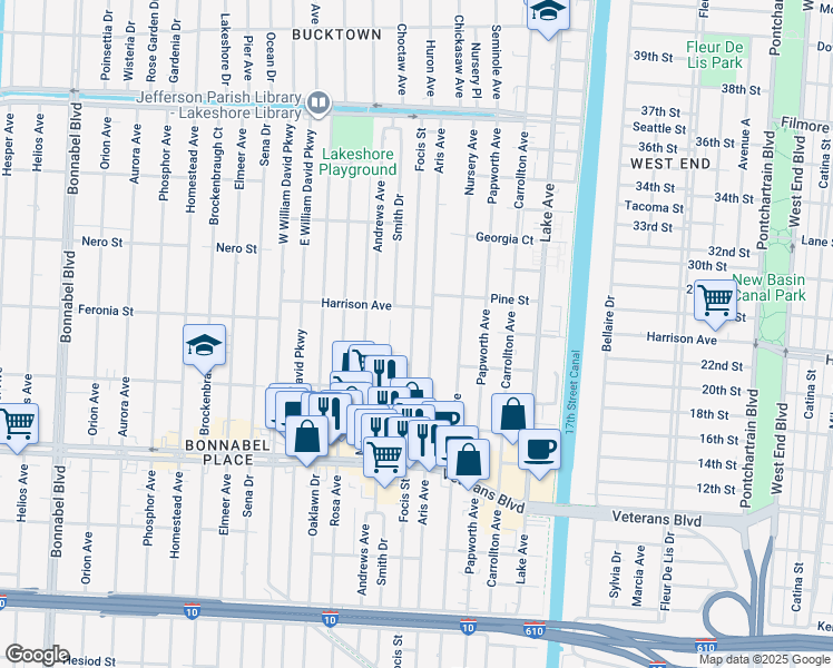 map of restaurants, bars, coffee shops, grocery stores, and more near 1117 Focis Street in Metairie