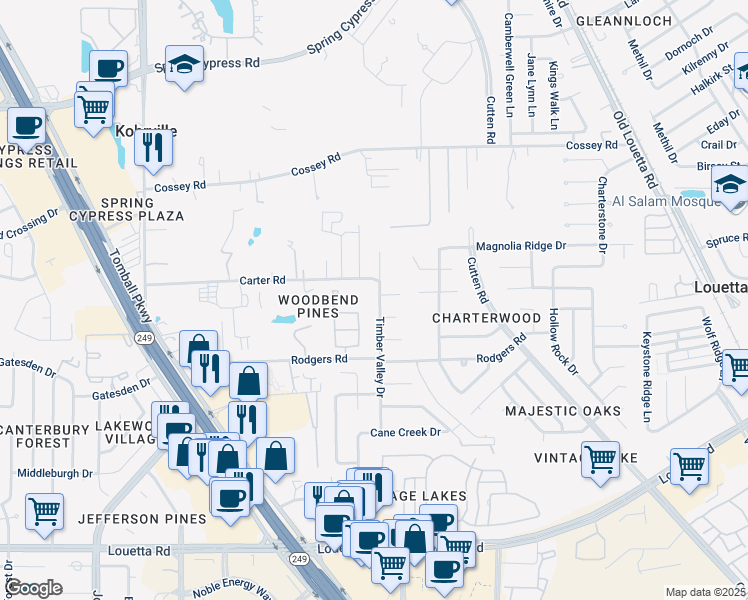 map of restaurants, bars, coffee shops, grocery stores, and more near 16211 Timber Valley Dr in Houston