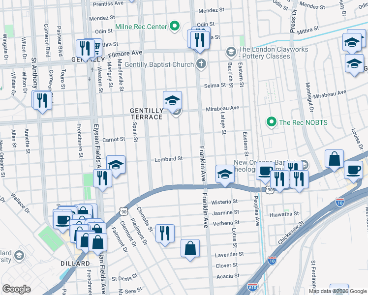 map of restaurants, bars, coffee shops, grocery stores, and more near 4644 Painters Street in New Orleans