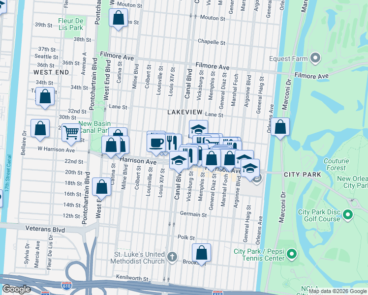 map of restaurants, bars, coffee shops, grocery stores, and more near 6352 Canal Boulevard in New Orleans