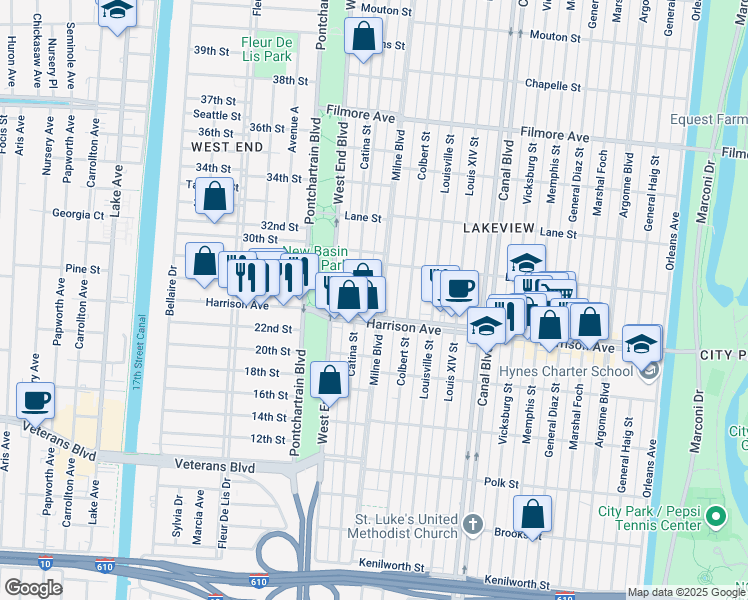 map of restaurants, bars, coffee shops, grocery stores, and more near 6330 Milne Boulevard in New Orleans
