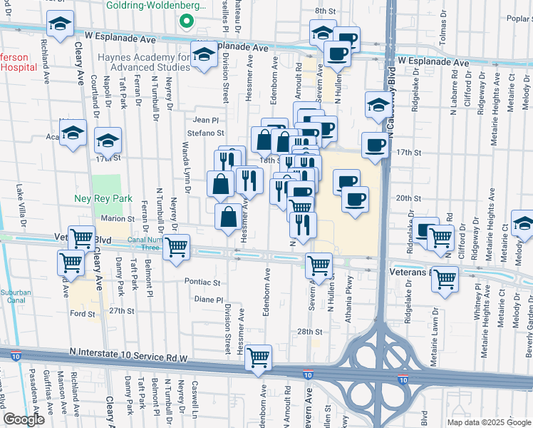 map of restaurants, bars, coffee shops, grocery stores, and more near 3033 Edenborn Avenue in Metairie