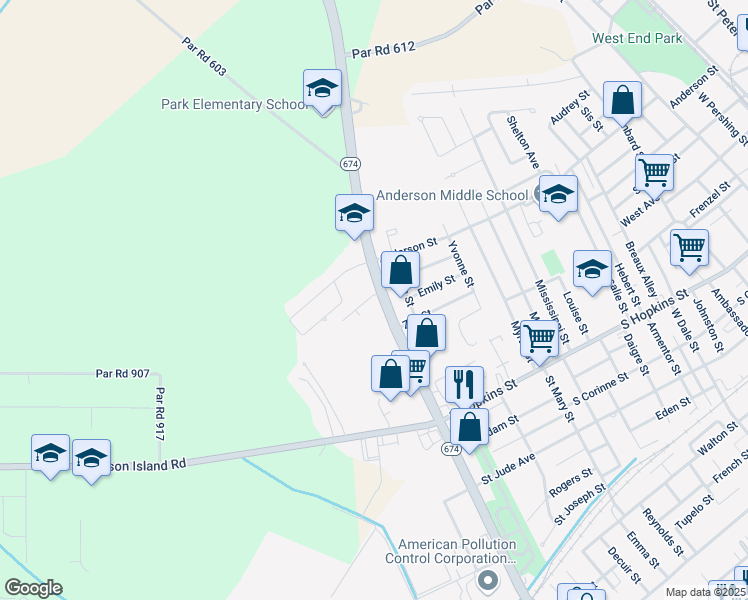 map of restaurants, bars, coffee shops, grocery stores, and more near 713 West Admiral Doyle Drive in Jeanerette
