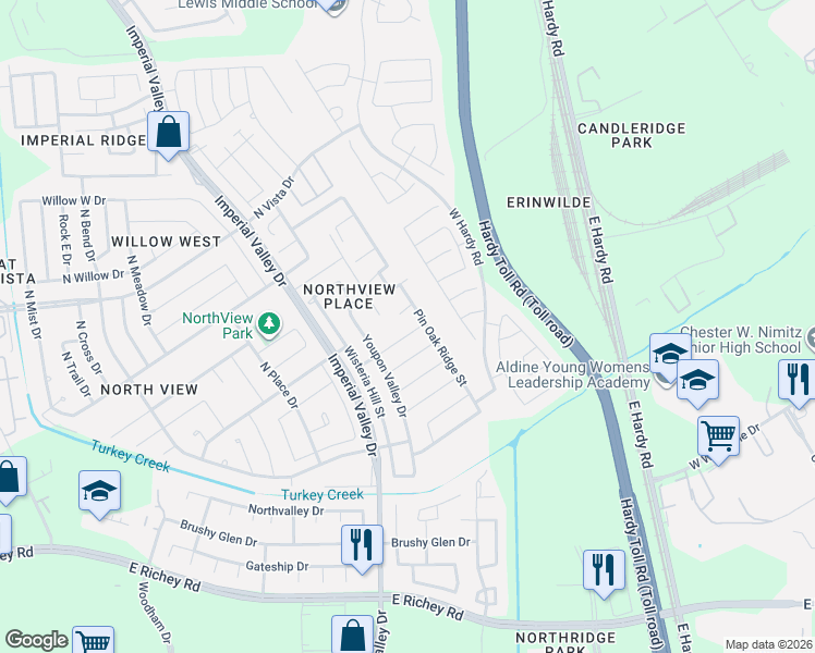 map of restaurants, bars, coffee shops, grocery stores, and more near 16014 Pin Oak Ridge Street in Houston