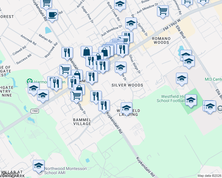 map of restaurants, bars, coffee shops, grocery stores, and more near 15650 Kuykendahl Road in Houston