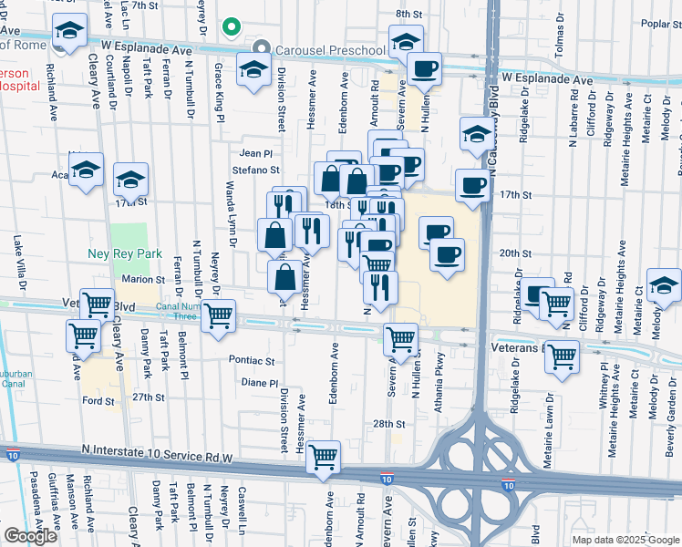 map of restaurants, bars, coffee shops, grocery stores, and more near 3033 Edenborn Avenue in Metairie