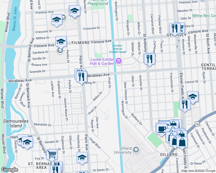 map of restaurants, bars, coffee shops, grocery stores, and more near 52 Pratt Drive in New Orleans