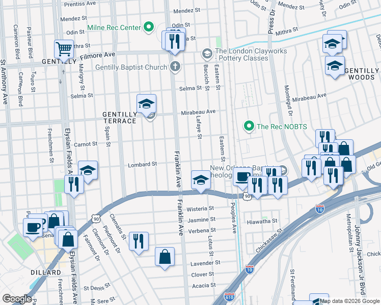 map of restaurants, bars, coffee shops, grocery stores, and more near 4629 Demontluzin Street in New Orleans