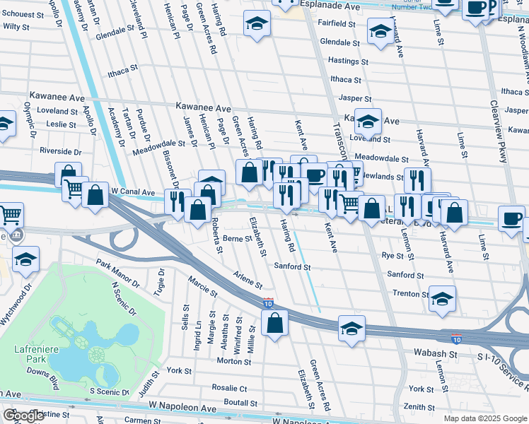 map of restaurants, bars, coffee shops, grocery stores, and more near Green Acres Rd & Veterans Blvd in Metairie