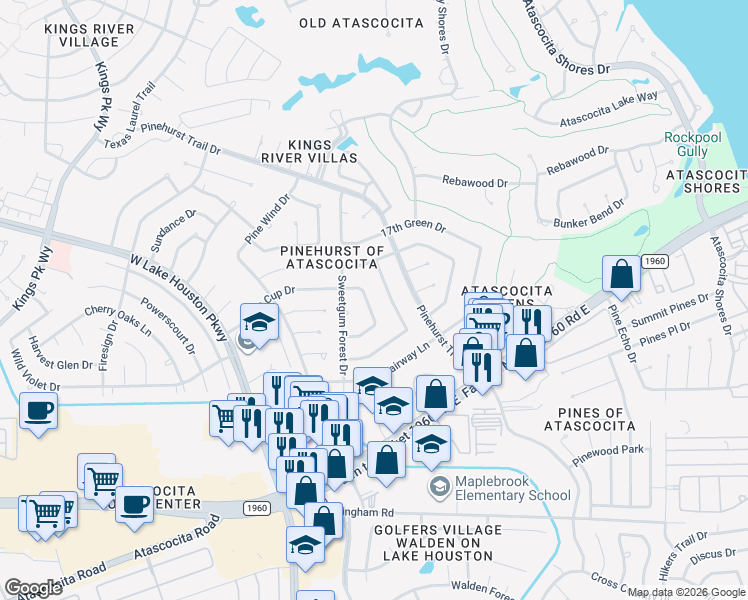 map of restaurants, bars, coffee shops, grocery stores, and more near 19718 Hurst Wood Drive in Humble