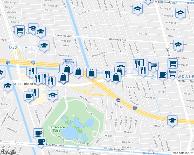 map of restaurants, bars, coffee shops, grocery stores, and more near 5969 Veterans Memorial Boulevard in Metairie