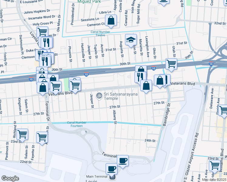 map of restaurants, bars, coffee shops, grocery stores, and more near 2768 Albany Street in Kenner