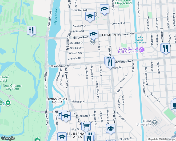 map of restaurants, bars, coffee shops, grocery stores, and more near 4712 Duplessis Street in New Orleans
