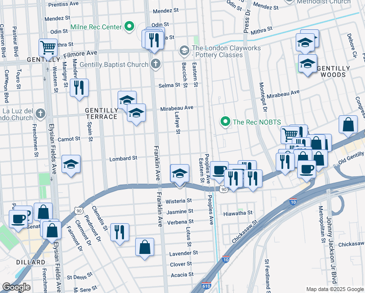 map of restaurants, bars, coffee shops, grocery stores, and more near 4626 Baccich Street in New Orleans