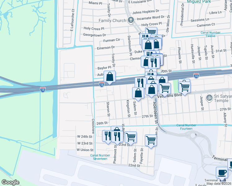 map of restaurants, bars, coffee shops, grocery stores, and more near 282 Piedmont Street in Kenner