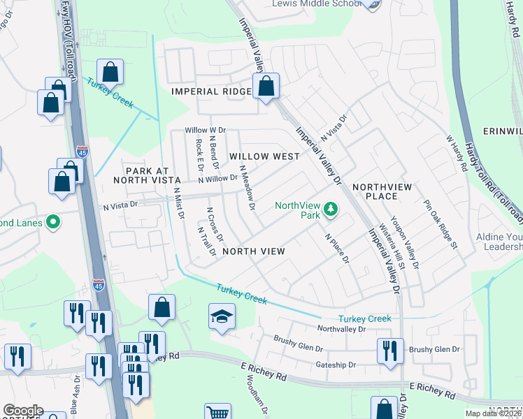 map of restaurants, bars, coffee shops, grocery stores, and more near 711 Oak West Drive in Houston