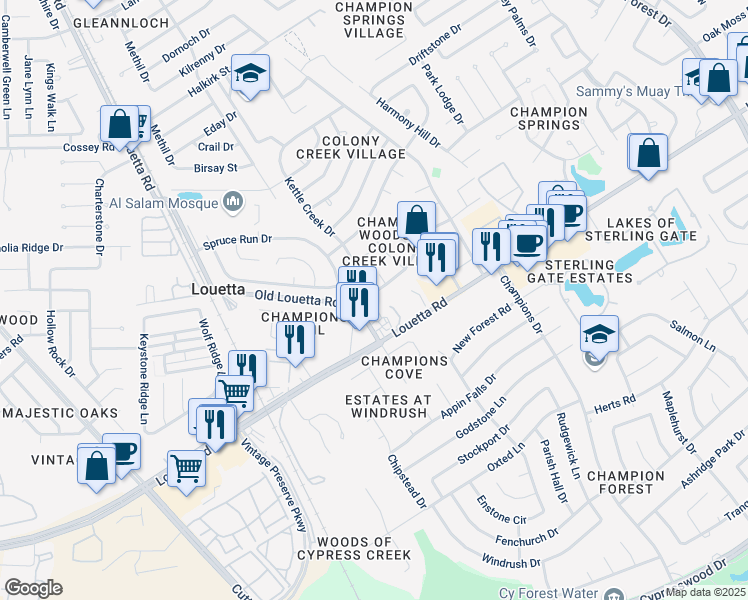 map of restaurants, bars, coffee shops, grocery stores, and more near 16813 Kettle Creek Drive in Spring