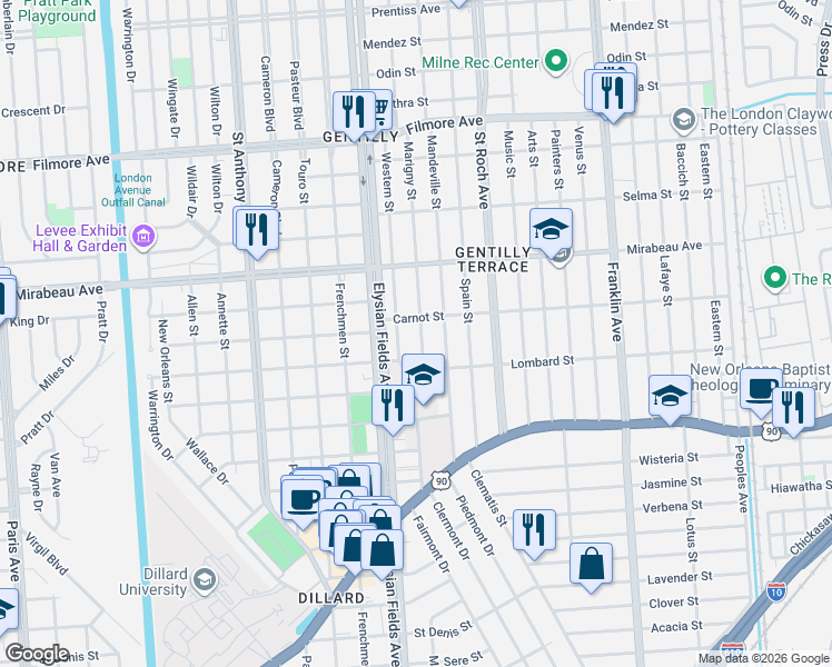 map of restaurants, bars, coffee shops, grocery stores, and more near 4658 Marigny Street in New Orleans
