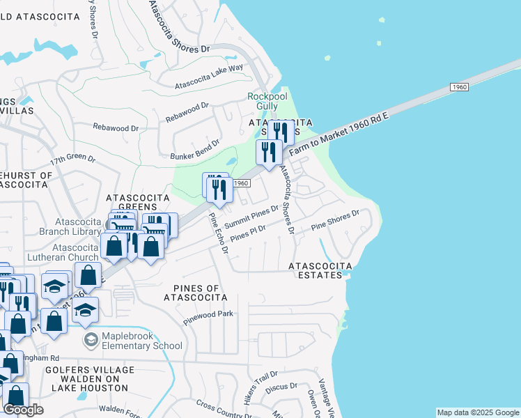 map of restaurants, bars, coffee shops, grocery stores, and more near 8719 Summit Pines Drive in Humble