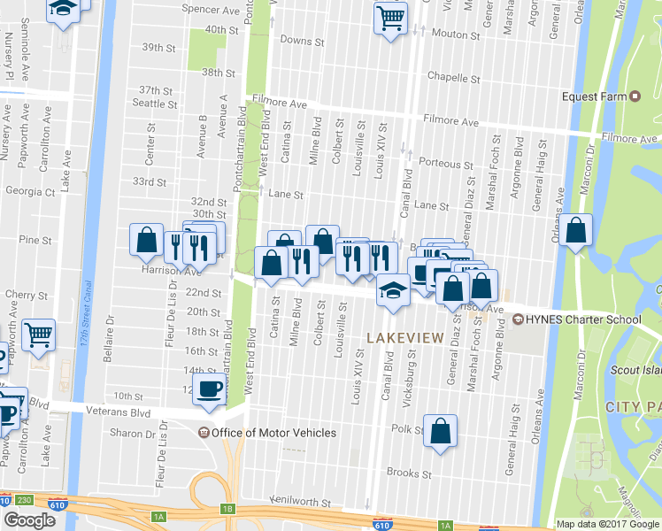 map of restaurants, bars, coffee shops, grocery stores, and more near 6339 Colbert Street in New Orleans