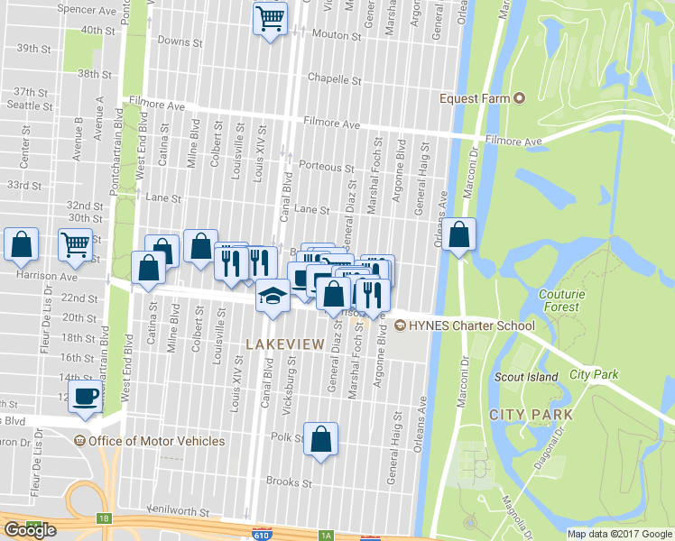 map of restaurants, bars, coffee shops, grocery stores, and more near 6384 General Diaz Street in New Orleans
