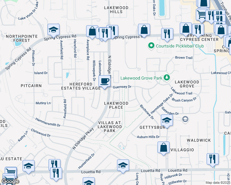 map of restaurants, bars, coffee shops, grocery stores, and more near 16134 Sweetwater Fields Lane in Tomball
