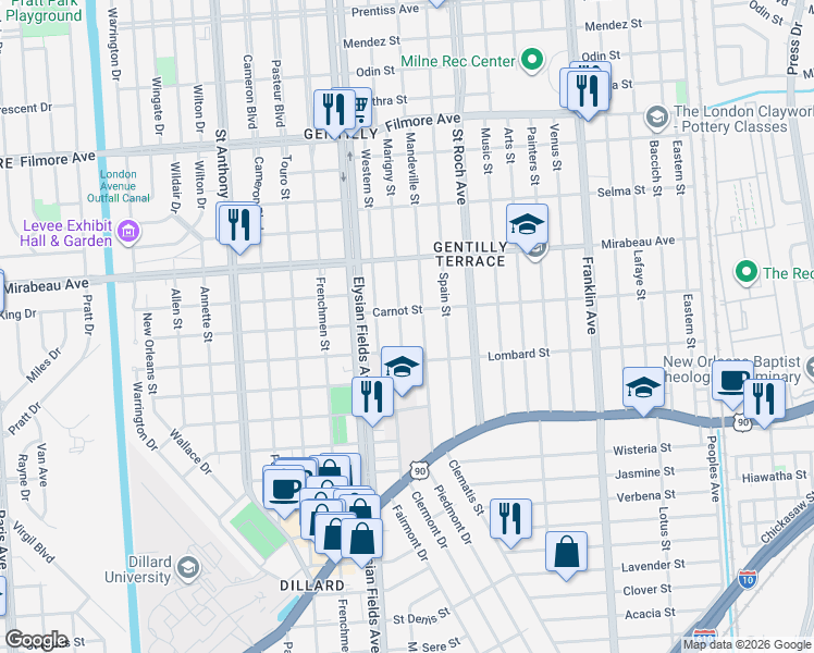 map of restaurants, bars, coffee shops, grocery stores, and more near 4658 Marigny Street in New Orleans