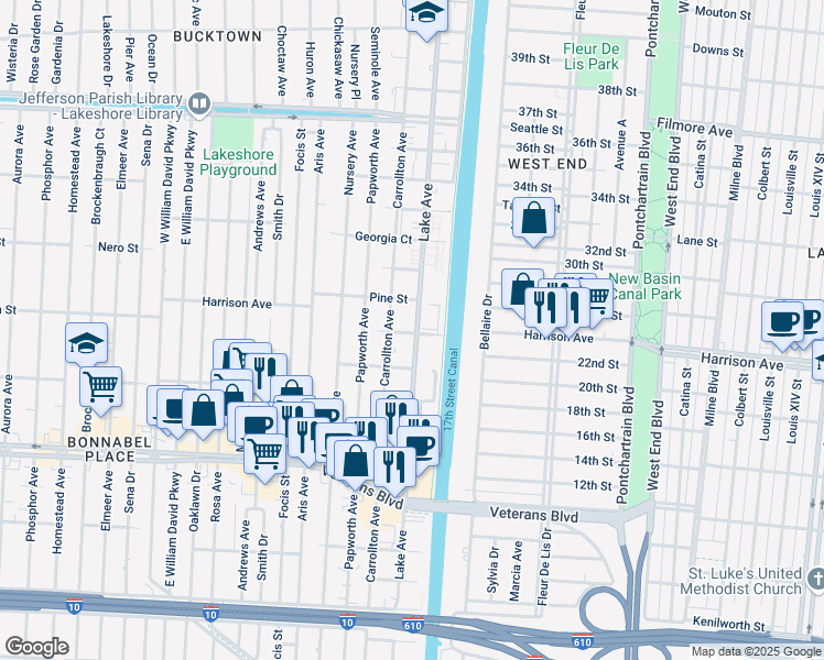 map of restaurants, bars, coffee shops, grocery stores, and more near 221 London Avenue in Metairie