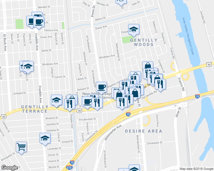 map of restaurants, bars, coffee shops, grocery stores, and more near 4217 Stephen Girard Avenue in New Orleans
