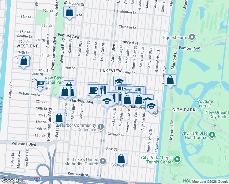 map of restaurants, bars, coffee shops, grocery stores, and more near 6366 Vicksburg Street in New Orleans