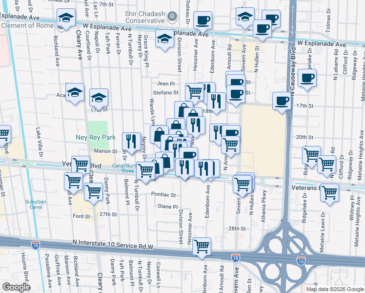 map of restaurants, bars, coffee shops, grocery stores, and more near 3440 Division Street in Metairie