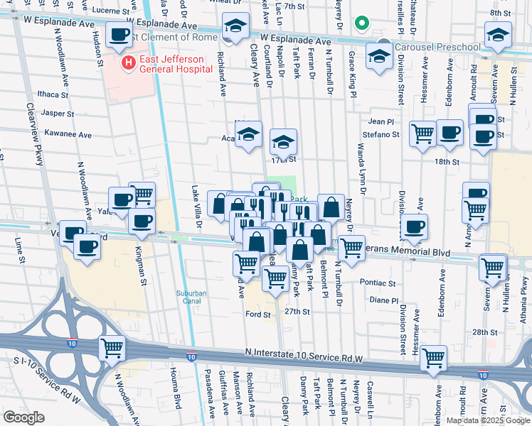 map of restaurants, bars, coffee shops, grocery stores, and more near 3401 Cleary Avenue in Metairie