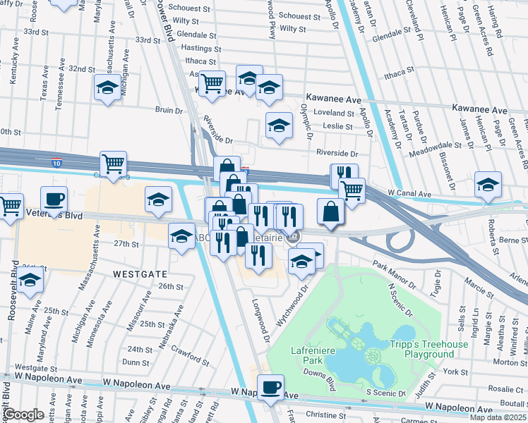 map of restaurants, bars, coffee shops, grocery stores, and more near 6901 Veterans Memorial Boulevard in Metairie