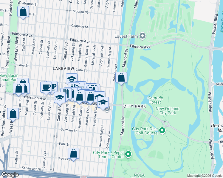 map of restaurants, bars, coffee shops, grocery stores, and more near 994 Bragg Street in New Orleans