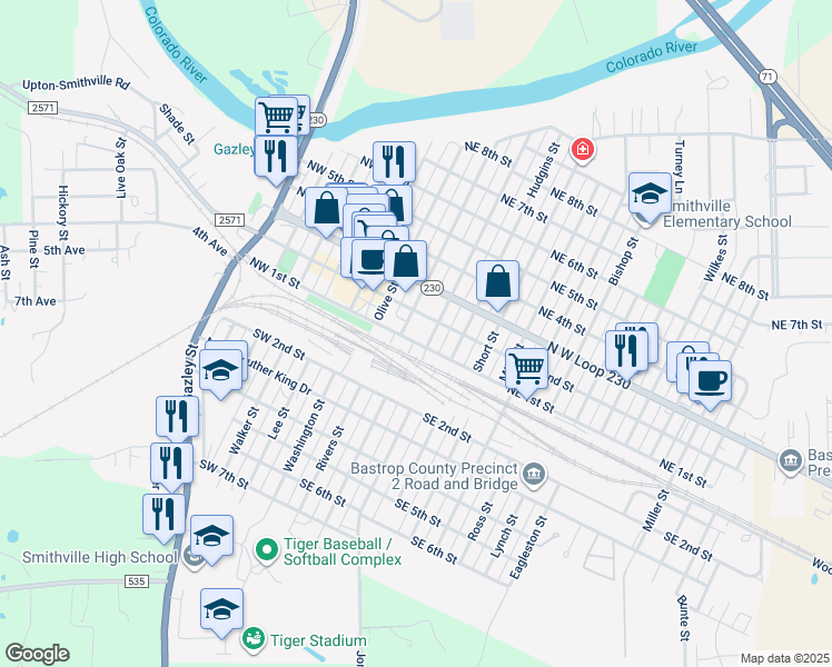 map of restaurants, bars, coffee shops, grocery stores, and more near 305 Northeast 1st Street in Smithville
