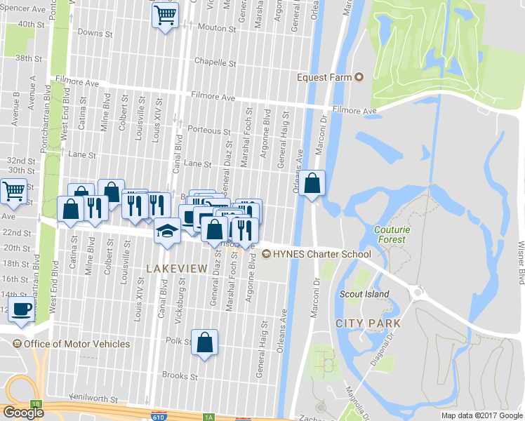 map of restaurants, bars, coffee shops, grocery stores, and more near 6377 Argonne Boulevard in New Orleans