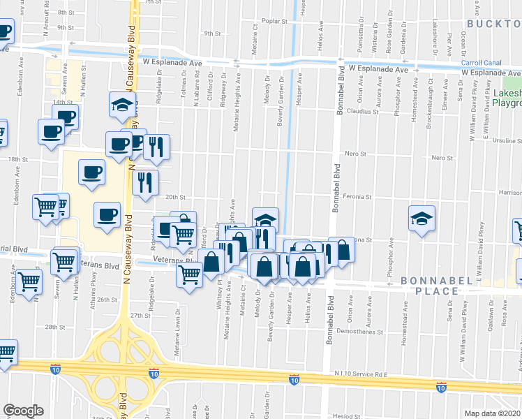 map of restaurants, bars, coffee shops, grocery stores, and more near 932 Melody Drive in Metairie