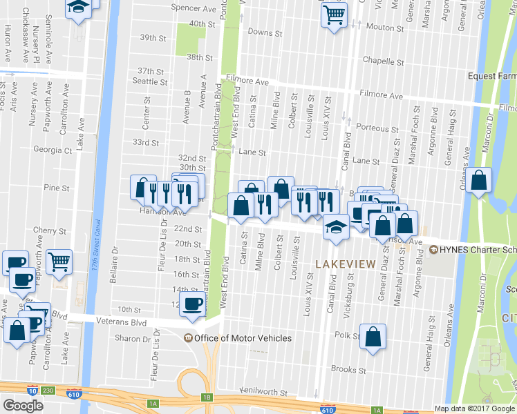 map of restaurants, bars, coffee shops, grocery stores, and more near 6330 Milne Boulevard in New Orleans