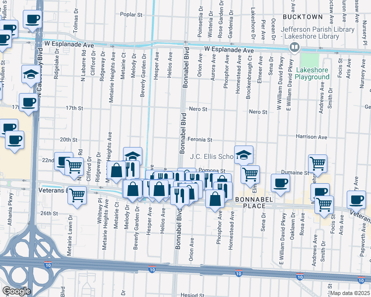 map of restaurants, bars, coffee shops, grocery stores, and more near 943 Bonnabel Boulevard in Metairie