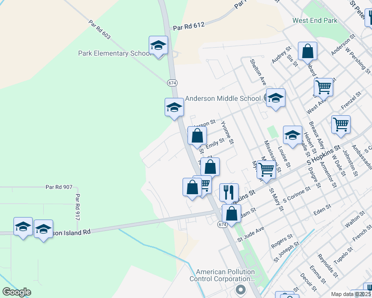 map of restaurants, bars, coffee shops, grocery stores, and more near 713 West Admiral Doyle Drive in Jeanerette