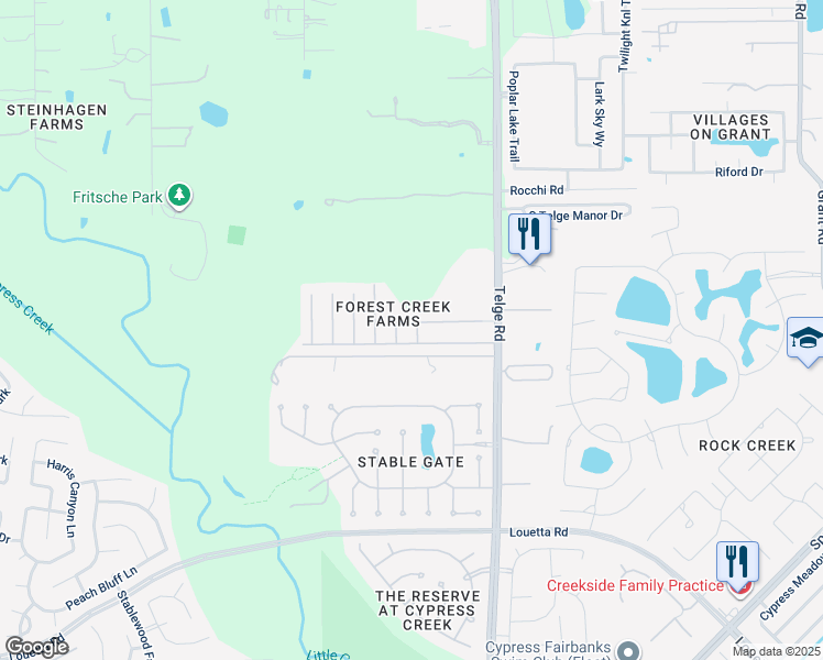 map of restaurants, bars, coffee shops, grocery stores, and more near 15450 Brock Creek Way in Cypress
