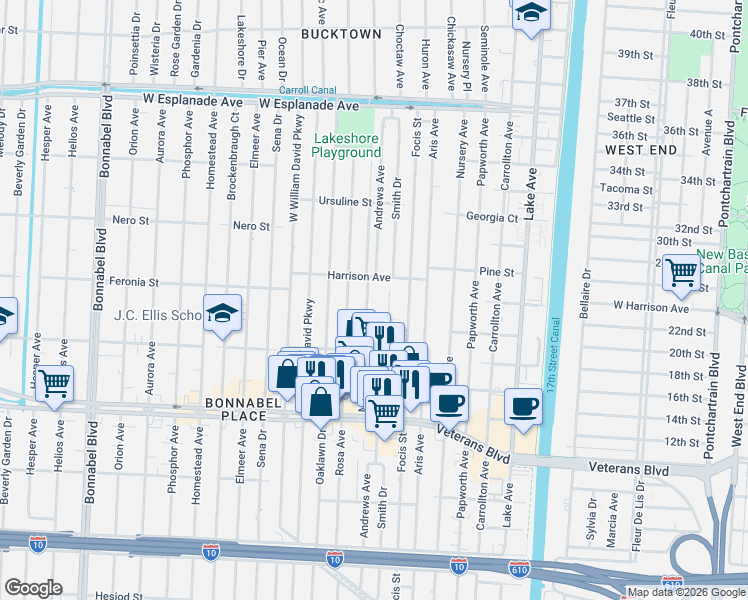 map of restaurants, bars, coffee shops, grocery stores, and more near 883 Martin Behrman Avenue in Metairie