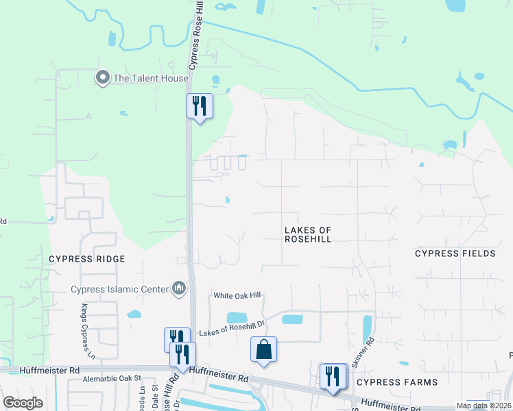 map of restaurants, bars, coffee shops, grocery stores, and more near 17630 Lasting Rose Drive in Cypress