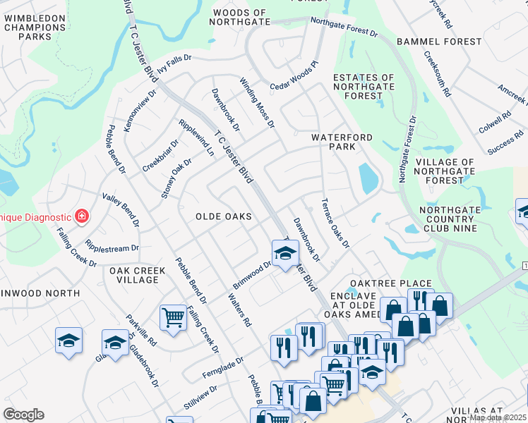 map of restaurants, bars, coffee shops, grocery stores, and more near 15307 T C Jester Boulevard in Houston