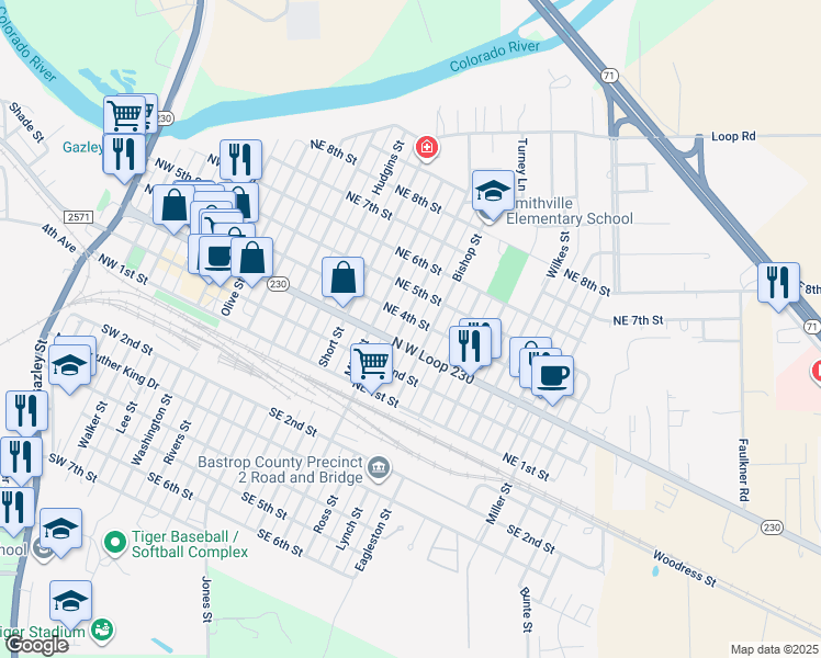 map of restaurants, bars, coffee shops, grocery stores, and more near 304 Garwood Street in Smithville