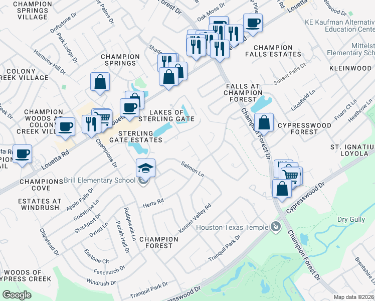 map of restaurants, bars, coffee shops, grocery stores, and more near 8707 Pagon Circle in Spring