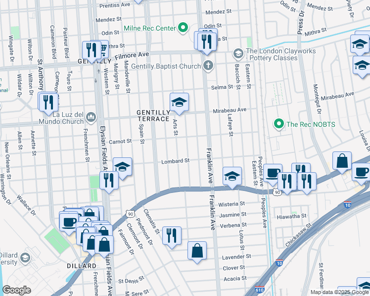 map of restaurants, bars, coffee shops, grocery stores, and more near 4644 Painters Street in New Orleans