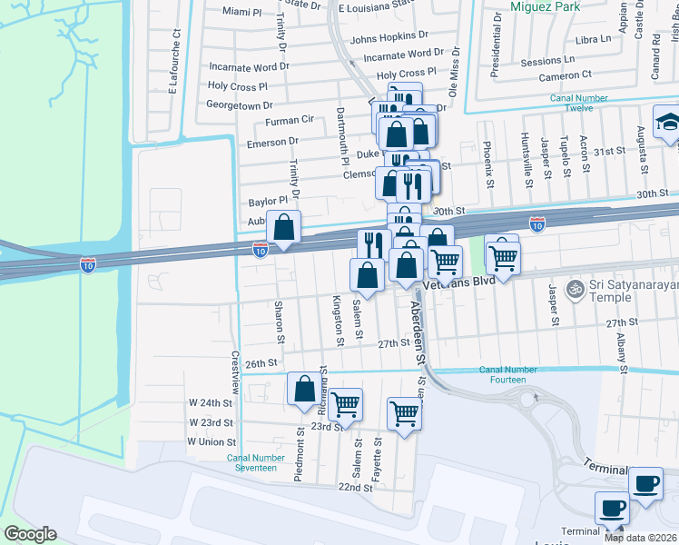 map of restaurants, bars, coffee shops, grocery stores, and more near 2816 Kingston Street in Kenner